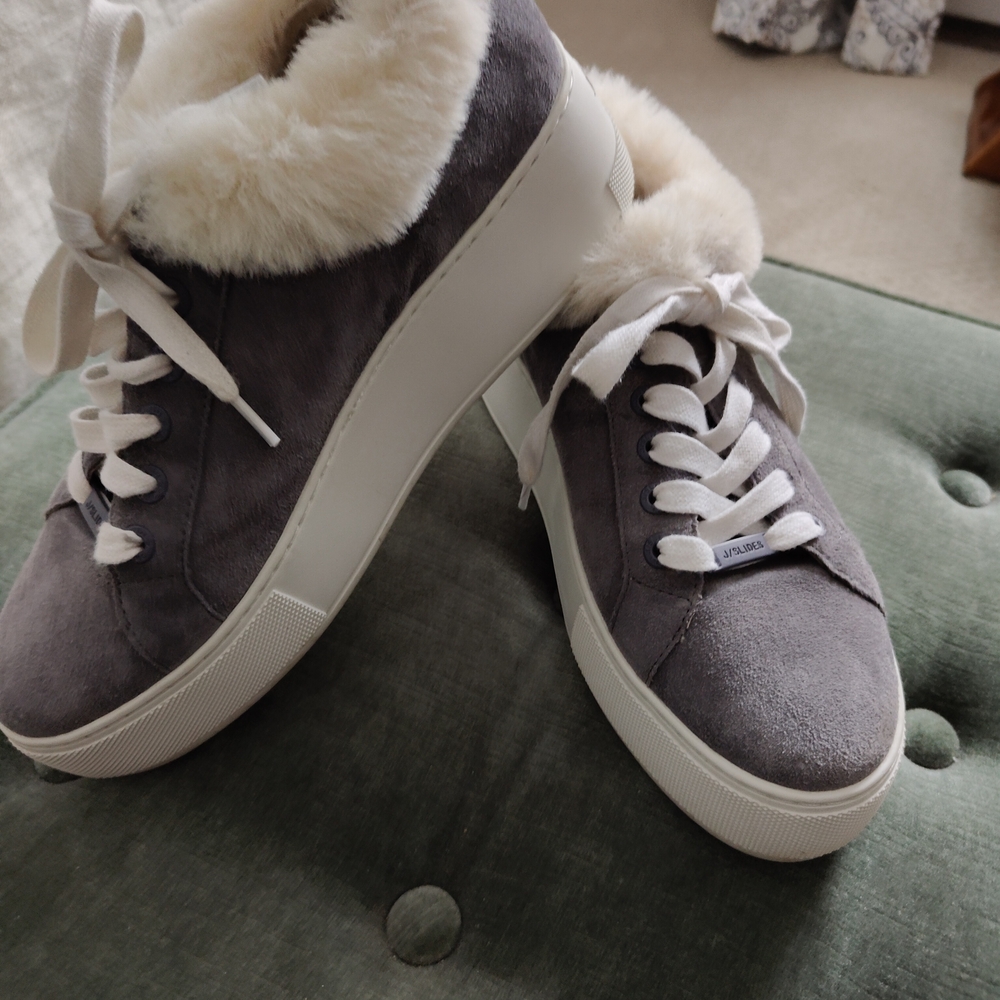 J Slides Women's Gray and White Fur-Lined Sneakers